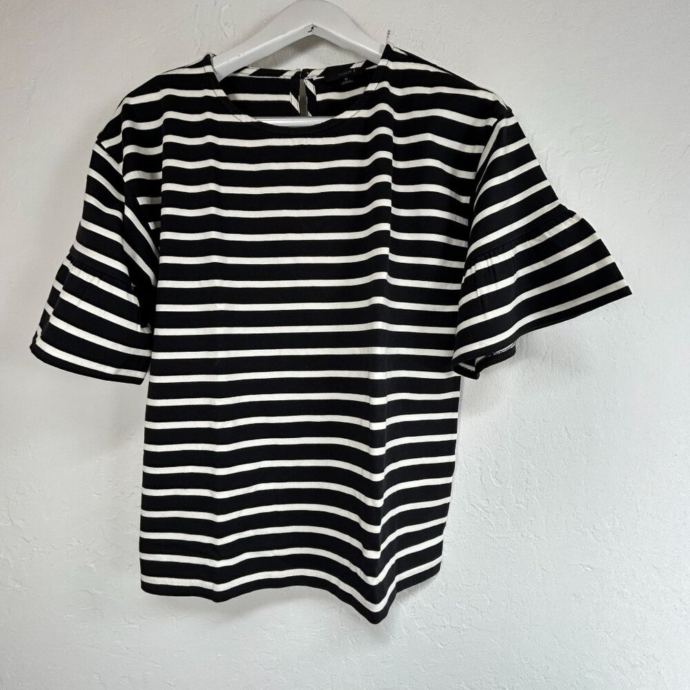 J.Crew Womens Black Striped Ruffle Sleeve Cotton Top Blouse Medium AY448 New